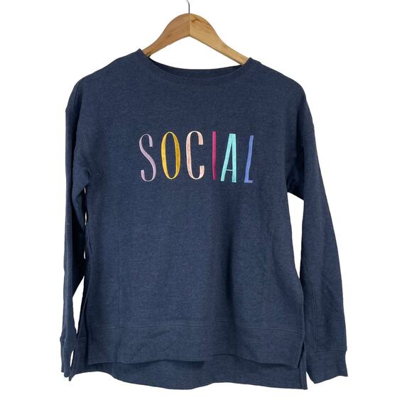 Wildfox NWT Navy Statement “Social” Sweatshirt Side Slits Drop Shoulder Size M - Picture 4 of 10